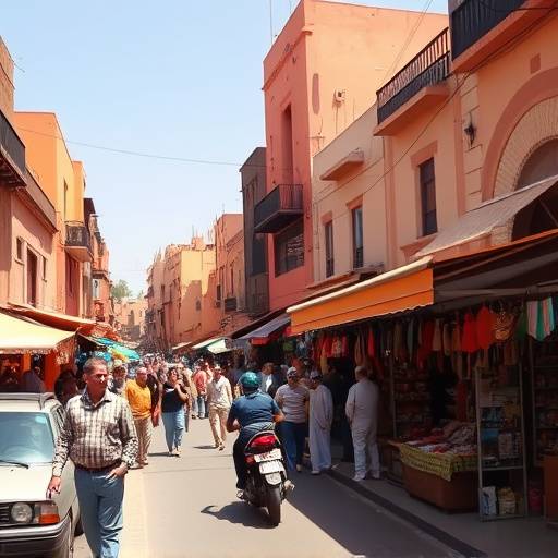 A bustling street scene in Marrakech, Morocco, showcasing vibrant colors, market stalls, and traditional architecture.