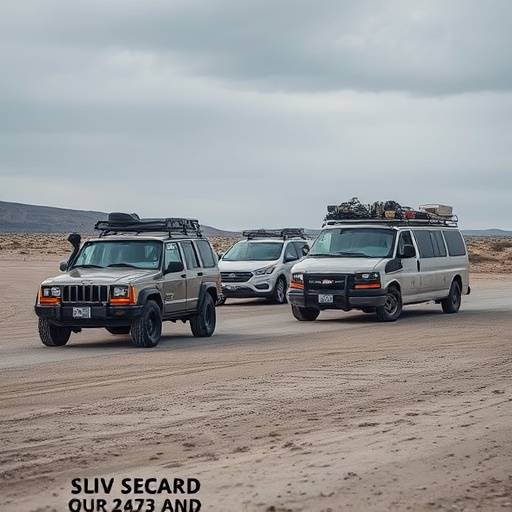 A fleet of vehicles, including SUVs and vans, ready for transporting equipment and personnel in a remote location.
