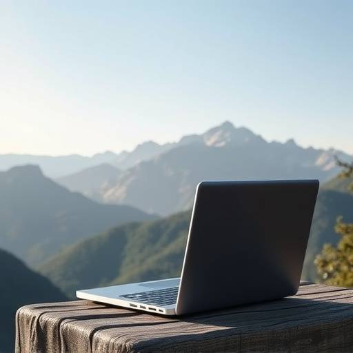 A researcher using a laptop in a remote, scenic location, illustrating location scouting services.