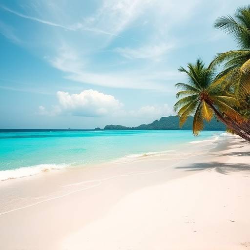 A serene beach scene in Bali, Indonesia, featuring turquoise waters, white sand, and lush green palm trees.