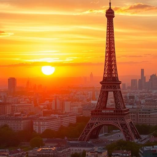 A stunning view of the Eiffel Tower at sunset, with the city of Paris sparkling below.