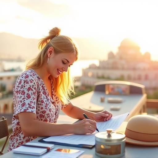 A travel planner creating a personalized itinerary, showcasing various destinations and activities.