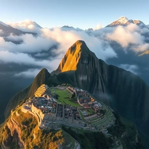 Aerial view of Machu Picchu, Peru, nestled in the Andes Mountains shrouded in mist.