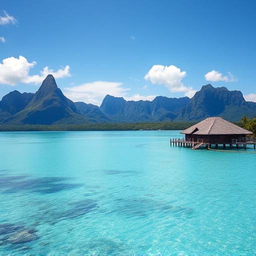 Crystal clear turquoise waters of Bora Bora, French Polynesia, with overwater bungalows and lush green mountains in the background.