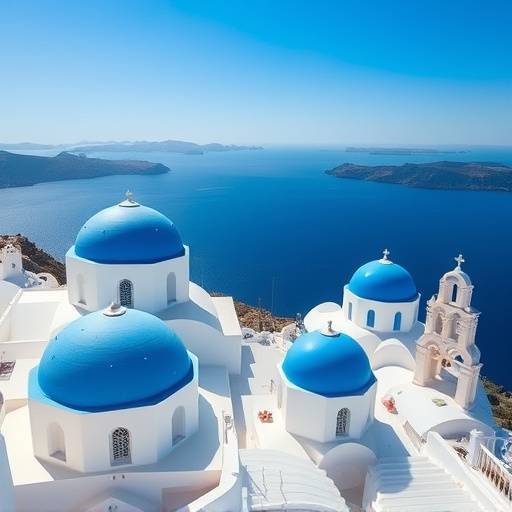 Picturesque view of Santorini, Greece, with white buildings and blue domes overlooking the Aegean Sea.