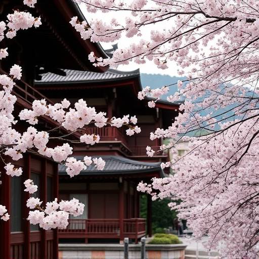 Scenic view of Kyoto, Japan, with traditional wooden temples surrounded by cherry blossom trees in full bloom.